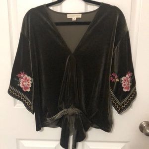 Boho velvet top with floral stitching